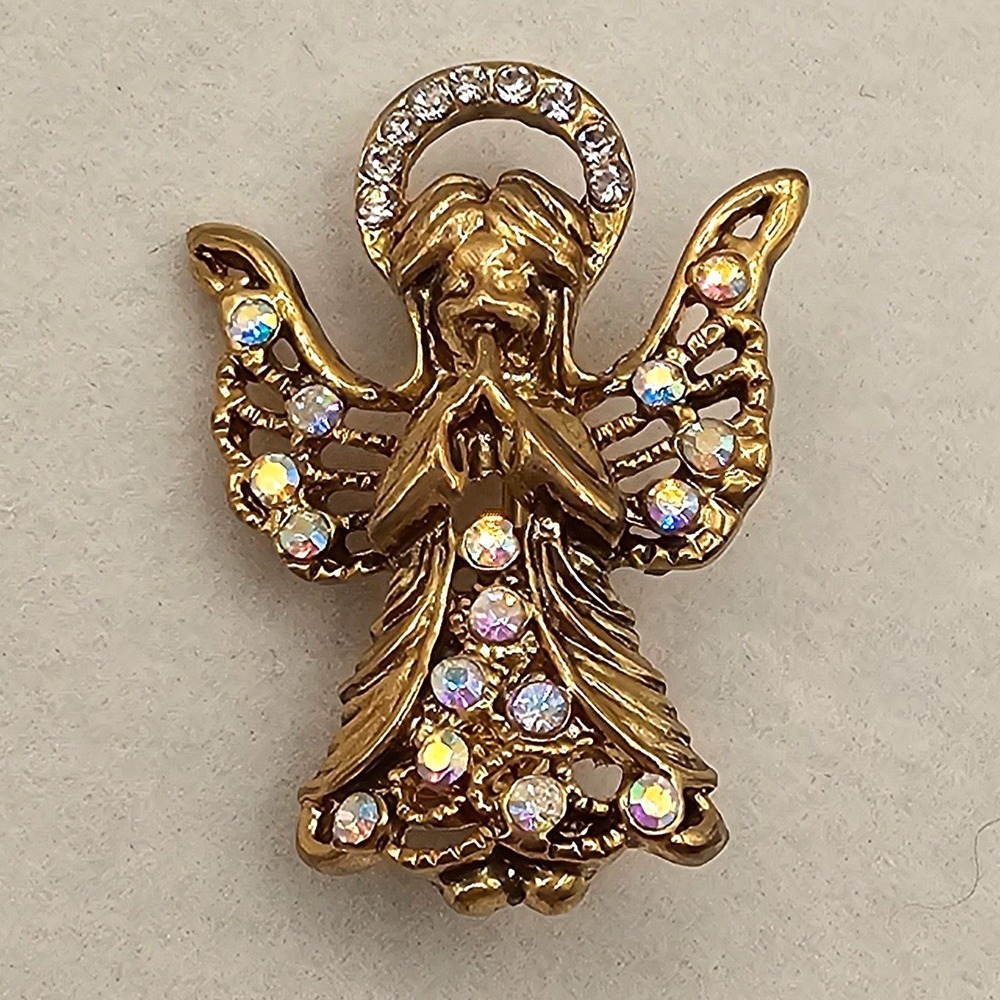 Vtg‎ Angel Brooch Gold Tone AB Rhinestone Halo Wings Religious Faith Christian